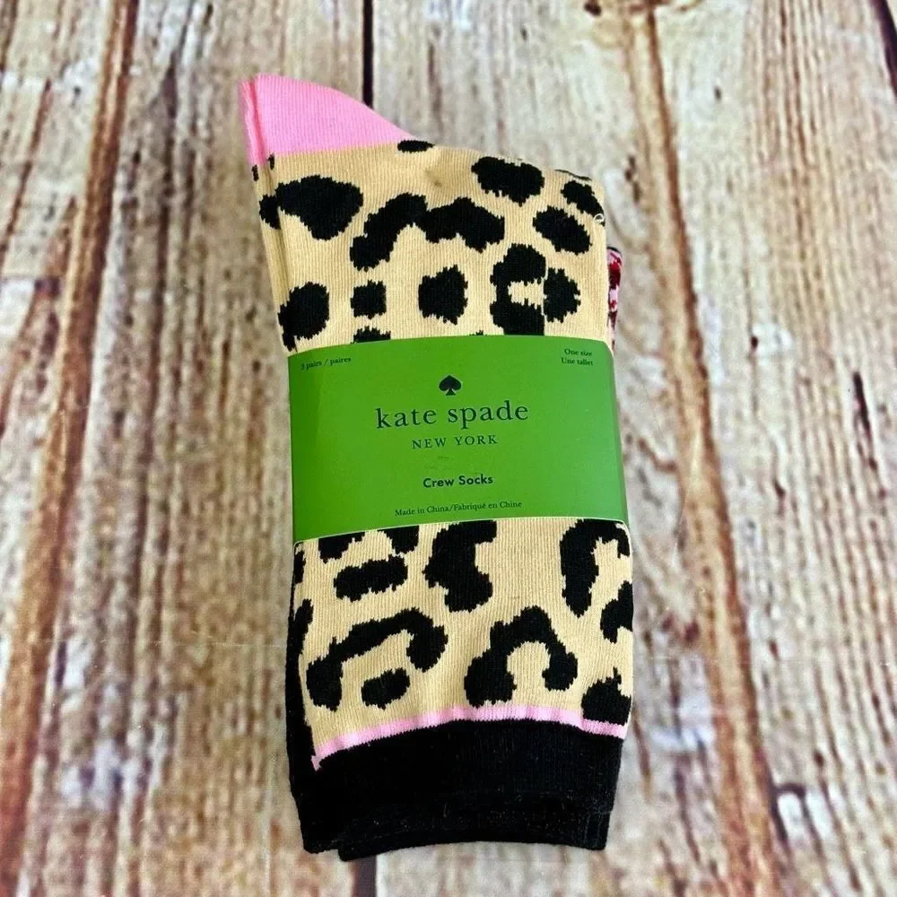 Kate Spade Crew Socks 3 Pairs Leopard Cheetah Rose Flowers Shimmer Sparkle OS